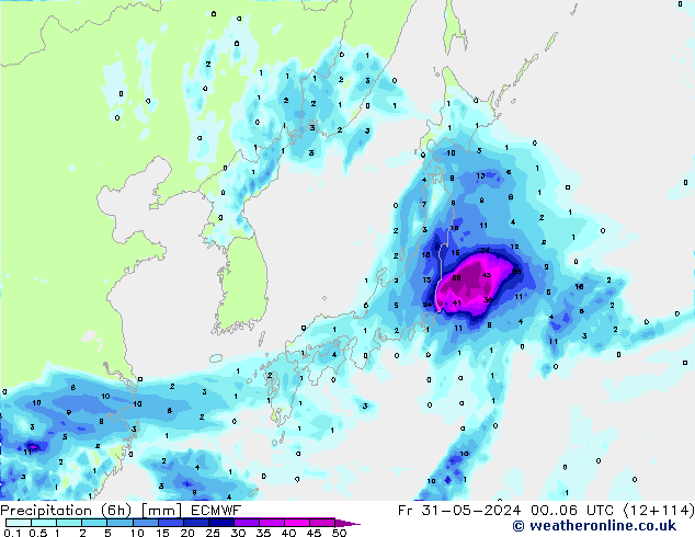 Precipitation (6h) ECMWF Fr 31.05.2024 06 UTC