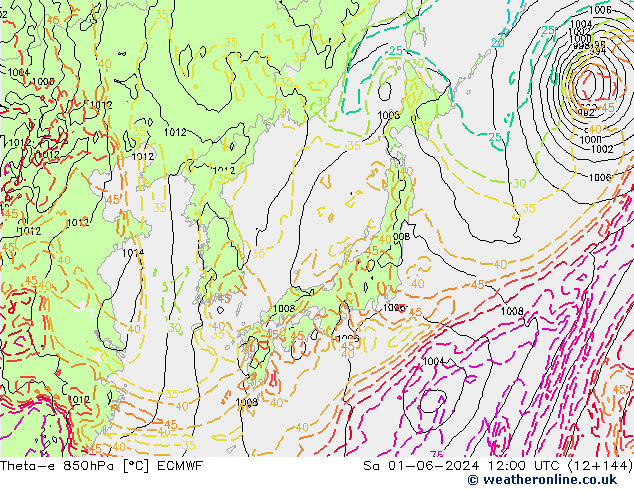 Theta-e 850hPa ECMWF za 01.06.2024 12 UTC