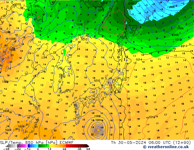 SLP/Temp. 850 hPa ECMWF Th 30.05.2024 06 UTC