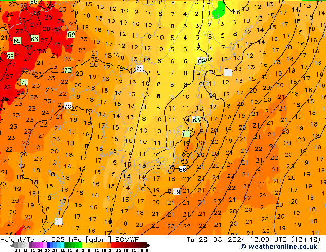 Height/Temp. 925 hPa ECMWF  28.05.2024 12 UTC