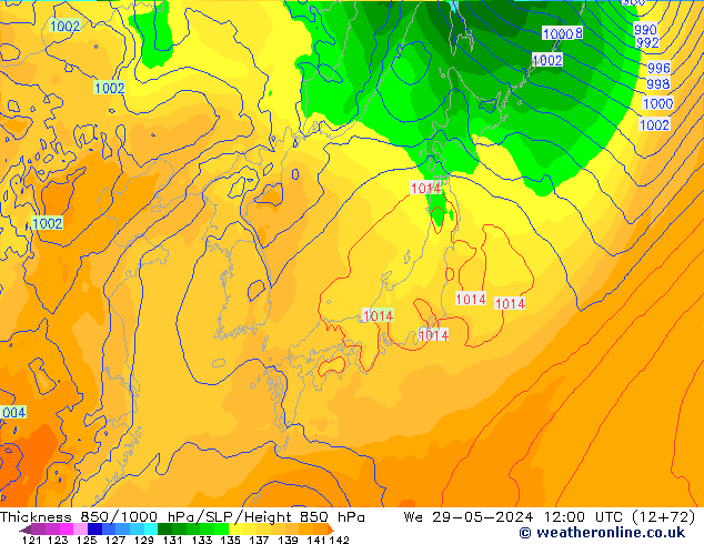 Dikte 850-1000 hPa ECMWF wo 29.05.2024 12 UTC