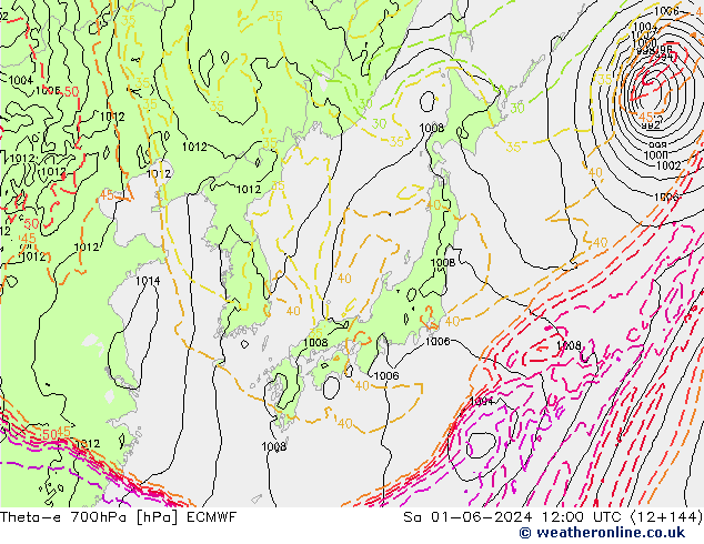 Theta-e 700hPa ECMWF sab 01.06.2024 12 UTC