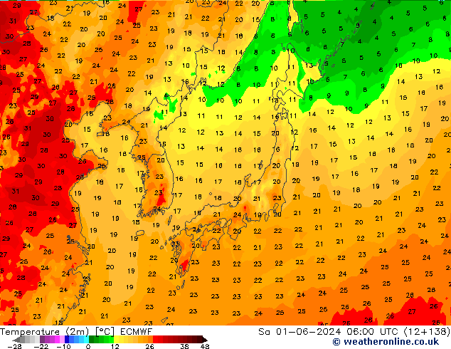 Temperatura (2m) ECMWF Sáb 01.06.2024 06 UTC