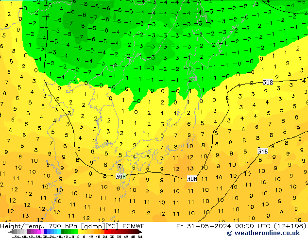 Height/Temp. 700 hPa ECMWF Sex 31.05.2024 00 UTC