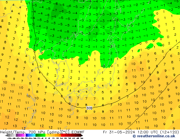 Yükseklik/Sıc. 700 hPa ECMWF Cu 31.05.2024 12 UTC