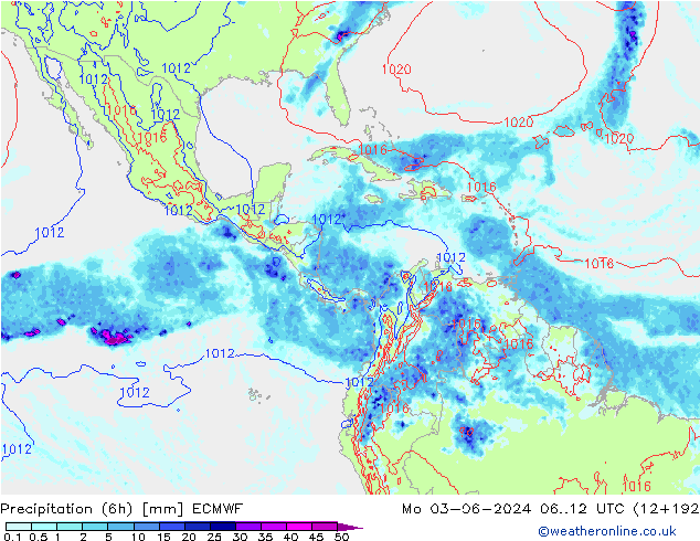 Z500/Rain (+SLP)/Z850 ECMWF pon. 03.06.2024 12 UTC