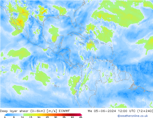 Deep layer shear (0-6km) ECMWF mer 05.06.2024 12 UTC