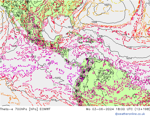 Theta-e 700гПа ECMWF пн 03.06.2024 18 UTC