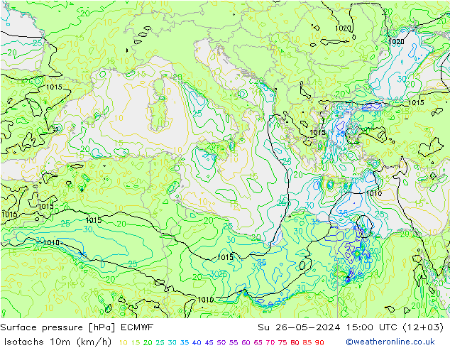 Isotachs (kph) ECMWF  26.05.2024 15 UTC