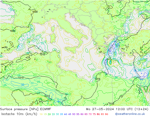 Izotacha (km/godz) ECMWF pon. 27.05.2024 12 UTC