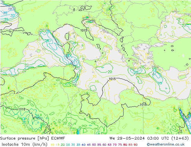Eşrüzgar Hızları (km/sa) ECMWF Çar 29.05.2024 03 UTC