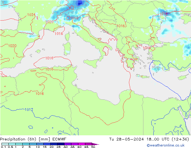 Precipitazione (6h) ECMWF mar 28.05.2024 00 UTC