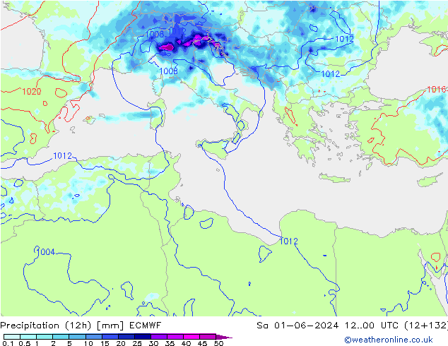 Totale neerslag (12h) ECMWF za 01.06.2024 00 UTC