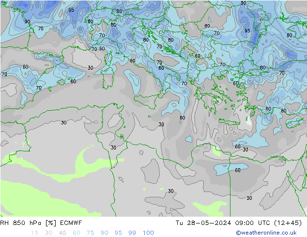 RH 850 гПа ECMWF вт 28.05.2024 09 UTC