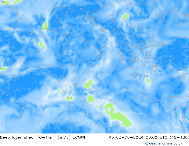 Deep layer shear (0-1km) ECMWF Mo 03.06.2024 00 UTC