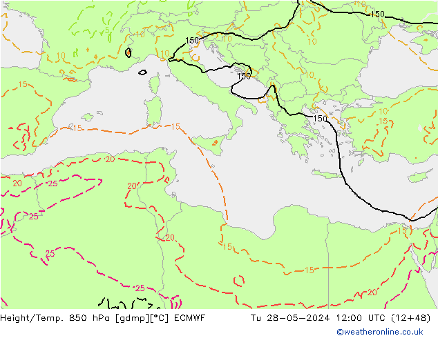 Z500/Yağmur (+YB)/Z850 ECMWF Sa 28.05.2024 12 UTC