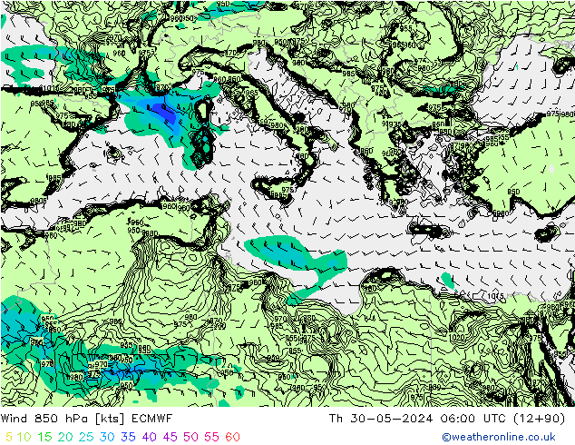 Wind 850 hPa ECMWF Čt 30.05.2024 06 UTC