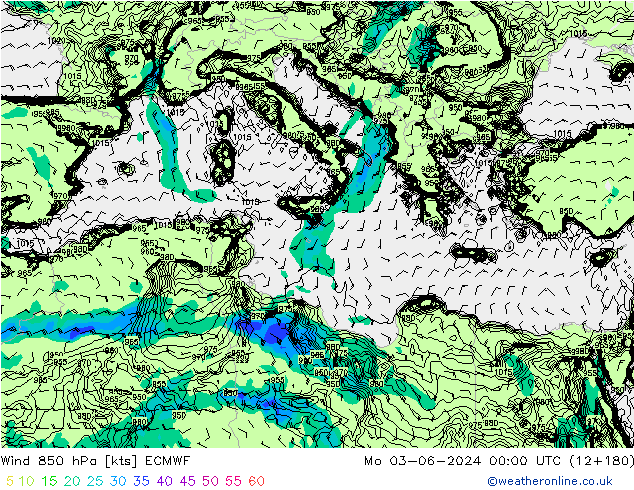 Rüzgar 850 hPa ECMWF Pzt 03.06.2024 00 UTC