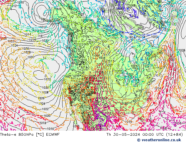 Theta-e 850hPa ECMWF do 30.05.2024 00 UTC