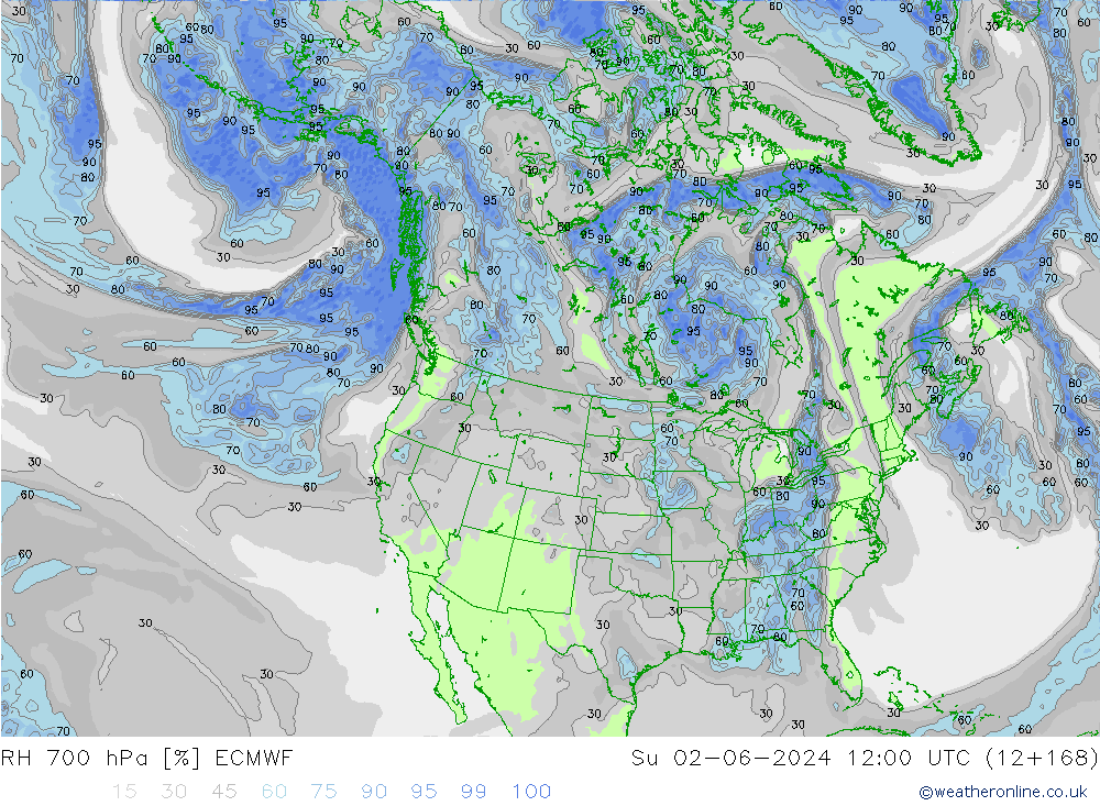 RH 700 hPa ECMWF Dom 02.06.2024 12 UTC