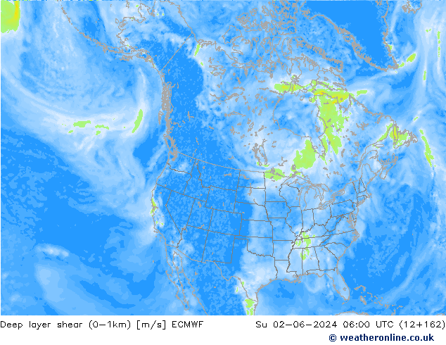 Deep layer shear (0-1km) ECMWF dom 02.06.2024 06 UTC