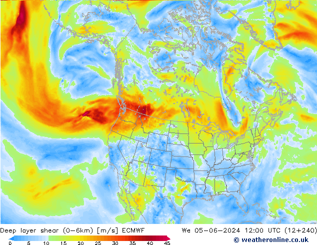 Deep layer shear (0-6km) ECMWF śro. 05.06.2024 12 UTC