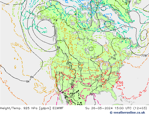 Height/Temp. 925 hPa ECMWF dom 26.05.2024 15 UTC