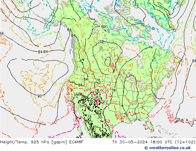 Height/Temp. 925 hPa ECMWF Th 30.05.2024 18 UTC