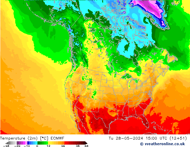 Temperature (2m) ECMWF Út 28.05.2024 15 UTC