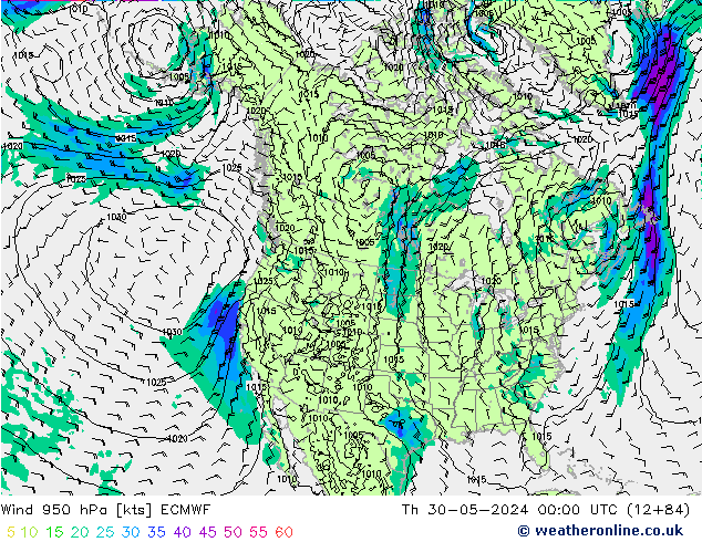 Wind 950 hPa ECMWF Čt 30.05.2024 00 UTC