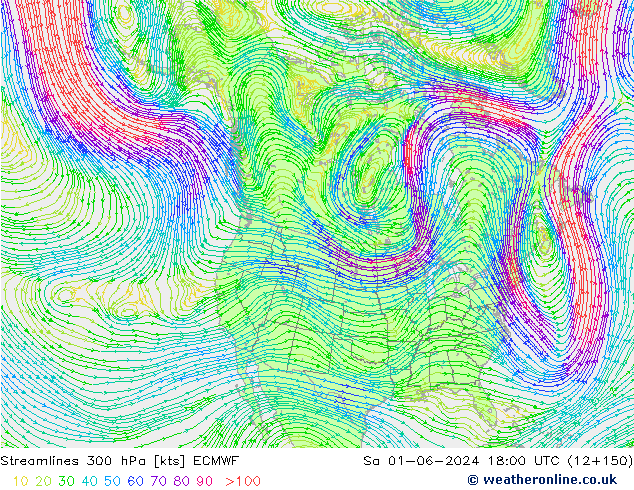 Stromlinien 300 hPa ECMWF Sa 01.06.2024 18 UTC