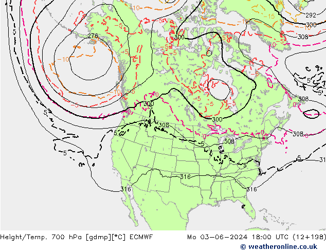 Height/Temp. 700 hPa ECMWF Mo 03.06.2024 18 UTC