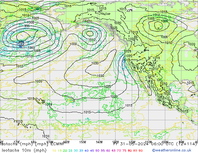 Isotachs (mph) ECMWF Pá 31.05.2024 06 UTC