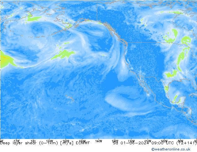 Deep layer shear (0-1km) ECMWF Sáb 01.06.2024 09 UTC