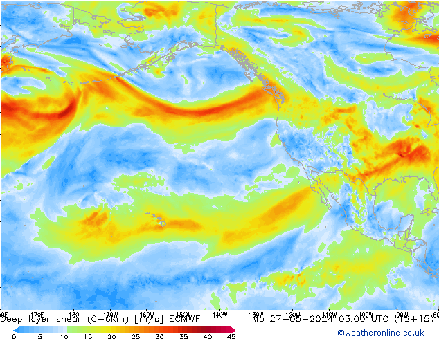 Deep layer shear (0-6km) ECMWF lun 27.05.2024 03 UTC