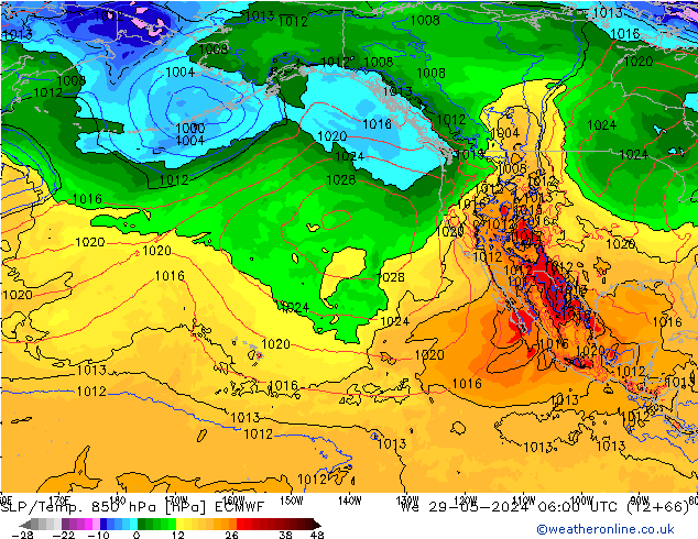 SLP/Temp. 850 hPa ECMWF mer 29.05.2024 06 UTC