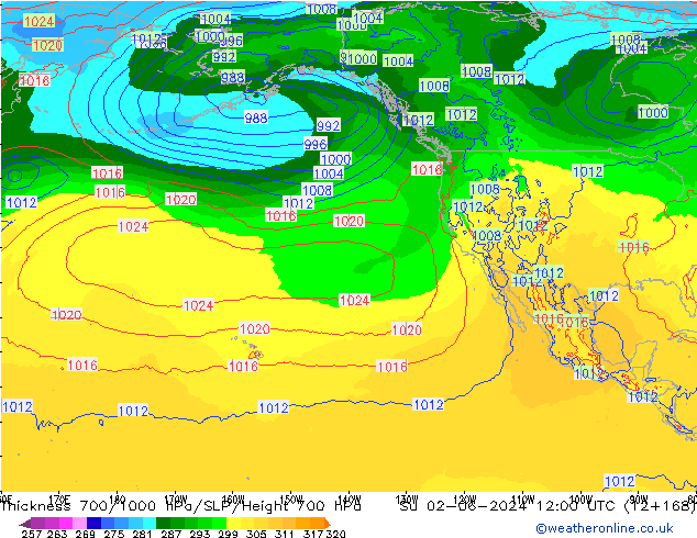 Thck 700-1000 гПа ECMWF Вс 02.06.2024 12 UTC