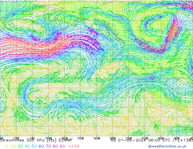 Linea di flusso 300 hPa ECMWF sab 01.06.2024 06 UTC