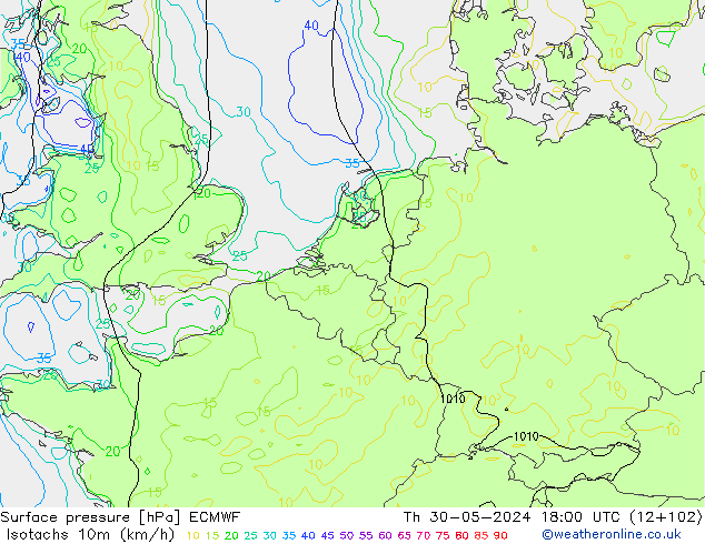 Isotachs (kph) ECMWF jeu 30.05.2024 18 UTC