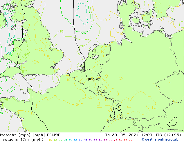 Isotachen (mph) ECMWF do 30.05.2024 12 UTC