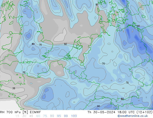 RH 700 hPa ECMWF Čt 30.05.2024 18 UTC