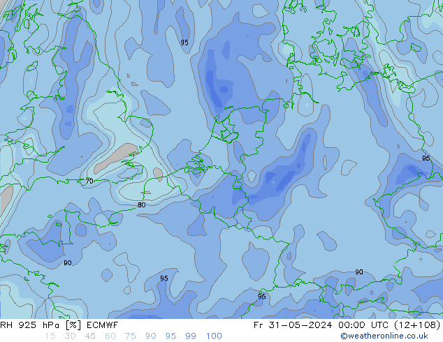Humidité rel. 925 hPa ECMWF ven 31.05.2024 00 UTC