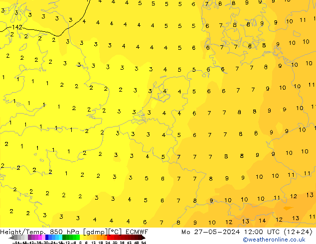 Hoogte/Temp. 850 hPa ECMWF ma 27.05.2024 12 UTC