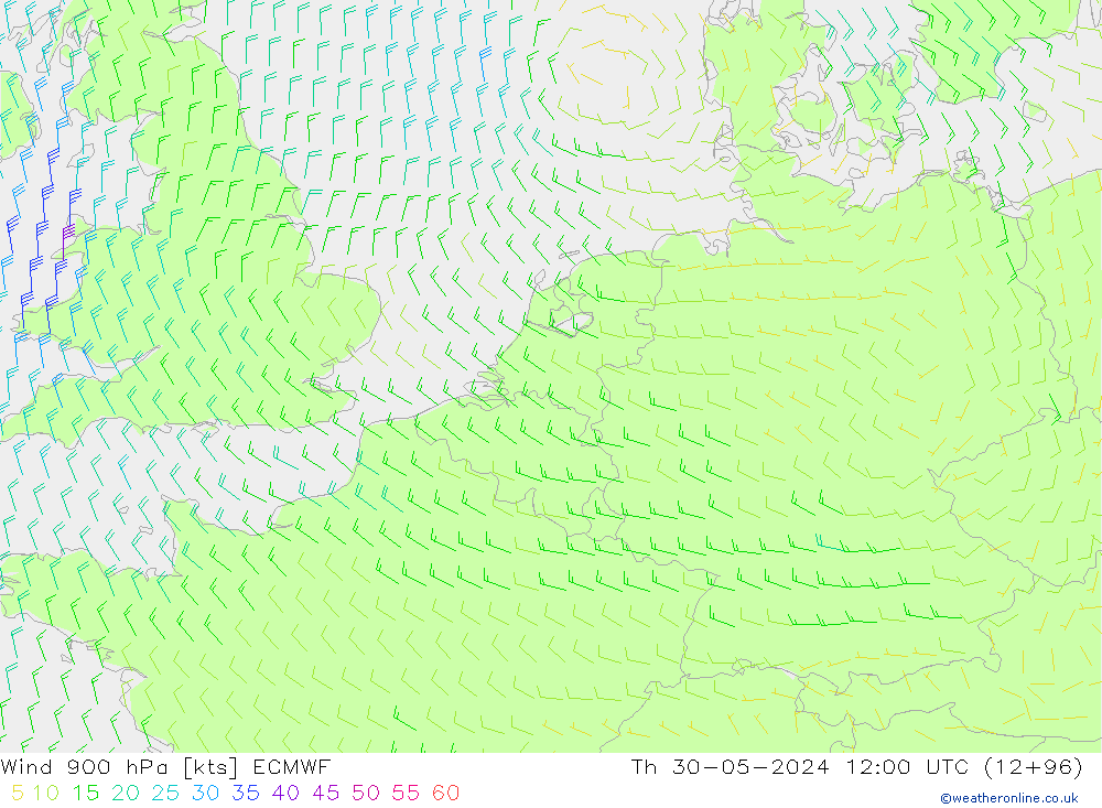 Viento 900 hPa ECMWF jue 30.05.2024 12 UTC