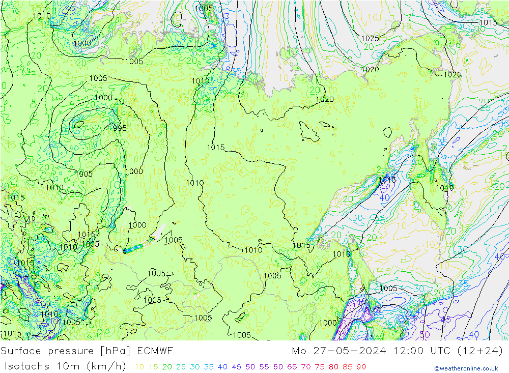 Izotacha (km/godz) ECMWF pon. 27.05.2024 12 UTC