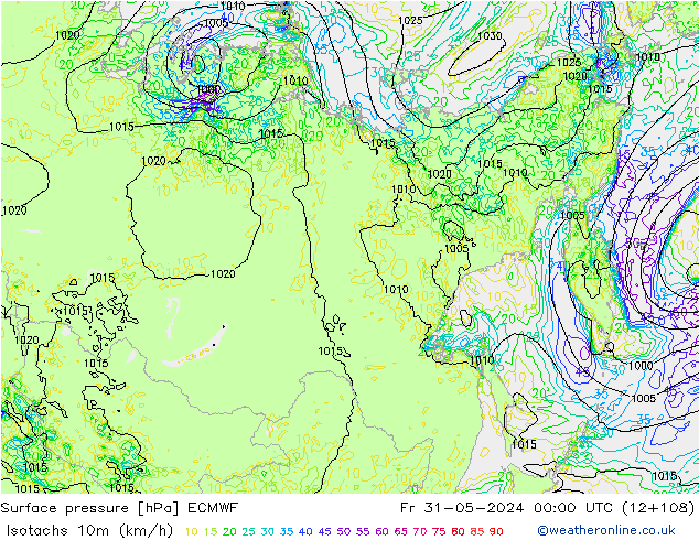 Eşrüzgar Hızları (km/sa) ECMWF Cu 31.05.2024 00 UTC