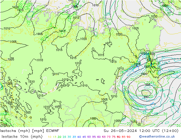 Isotachs (mph) ECMWF Вс 26.05.2024 12 UTC