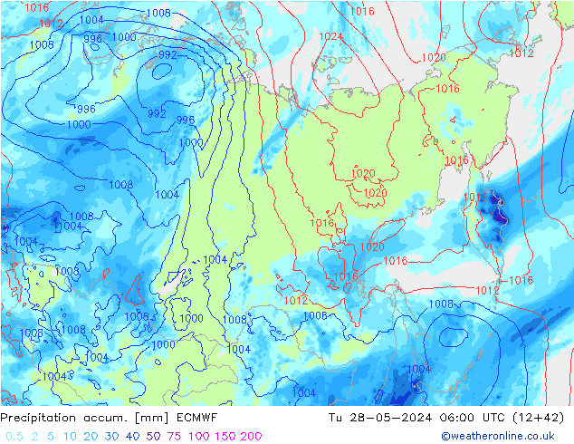 Precipitation accum. ECMWF Tu 28.05.2024 06 UTC