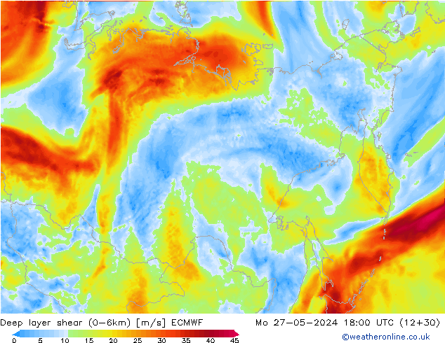 Deep layer shear (0-6km) ECMWF Seg 27.05.2024 18 UTC