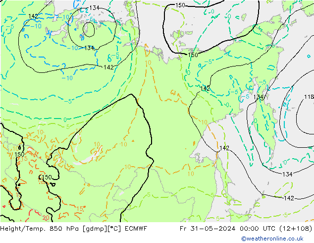 Geop./Temp. 850 hPa ECMWF vie 31.05.2024 00 UTC